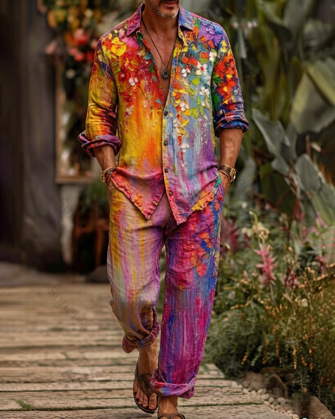 Men's Fashion Color-Blocked Print Long-Sleeve Shirt and Pants Two-Piece Set 6327
