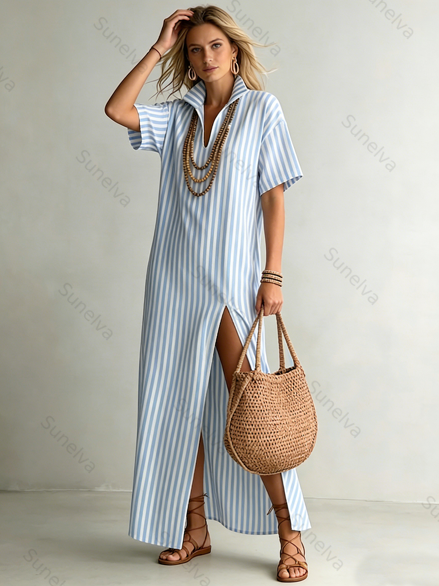 Stylish Stand-collar Striped Loose-fit Cotton-linen Maxi Dress 626e