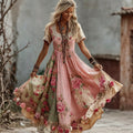 Women's Floral Patchwork Art Print Flowy Linen Blend Casual Short Sleeve Maxi Dress fbbe