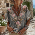 Women's Pink Roses Embroidered Art V-neck Short Sleeve Linen Blend T-shirt 4f5a