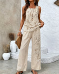 Women's Summer Resort Floral Embroidered Linen Sleeveless Top & Pants Two-Piece Set 1328
