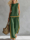 Women's Round Neck Sleeveless Casual Loose Top And High-waisted Loose Wide-leg Pants Cotton And Linen Set. 1c6a