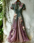 Women's Elegant Gradient Flowers Embroidery Irregular Mesh Dress 5111