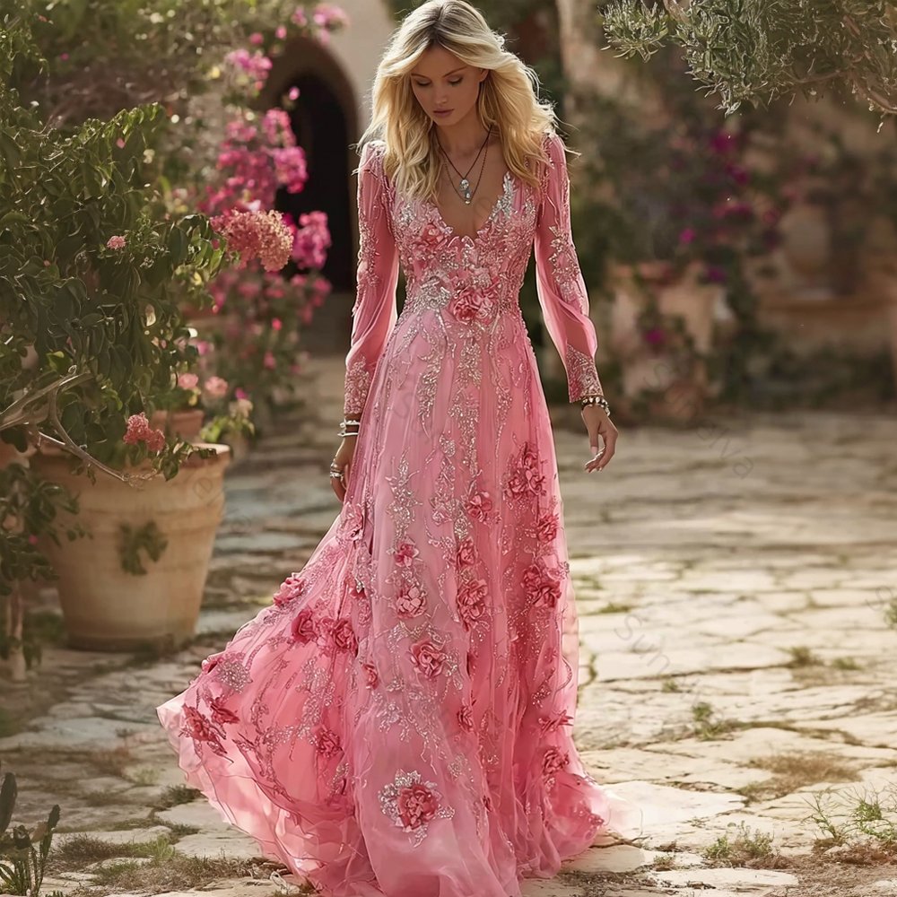 Vintage Boho Roses Embroidered Flowy Linen Maxi Dress 48fe