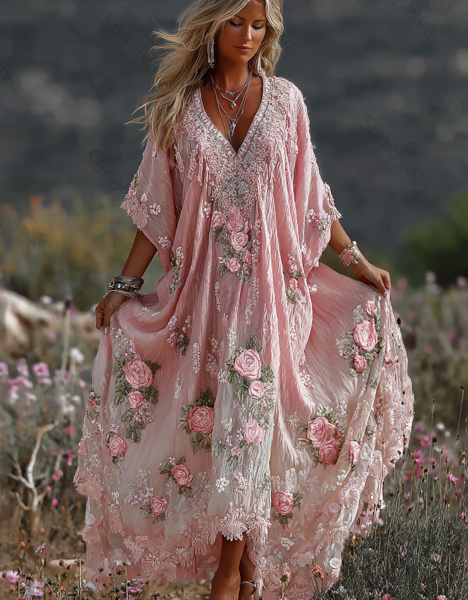 Women Vintage Pink Floral Art Linen Blend Casual Maxi Dress 79ee