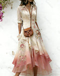 Women's elegant floral embroidered irregular ruffled linen patchwork dress 9623