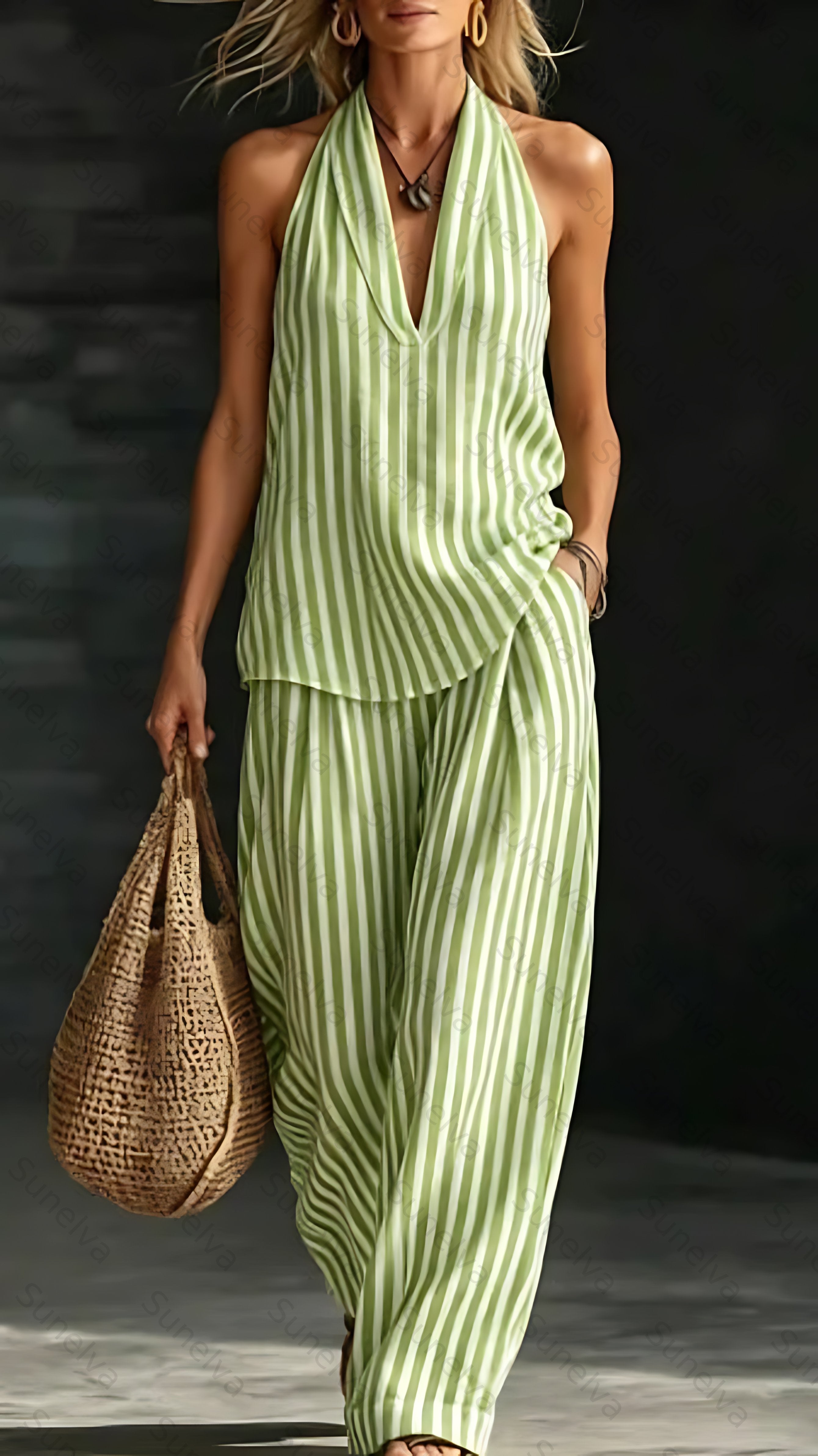Women's Striped Cotton-Linen Set: Wide-Leg Pants & Halter Top 9604