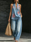 Women's Loose-Fit Shirt & Washed Jeans Two-Piece Set 7585