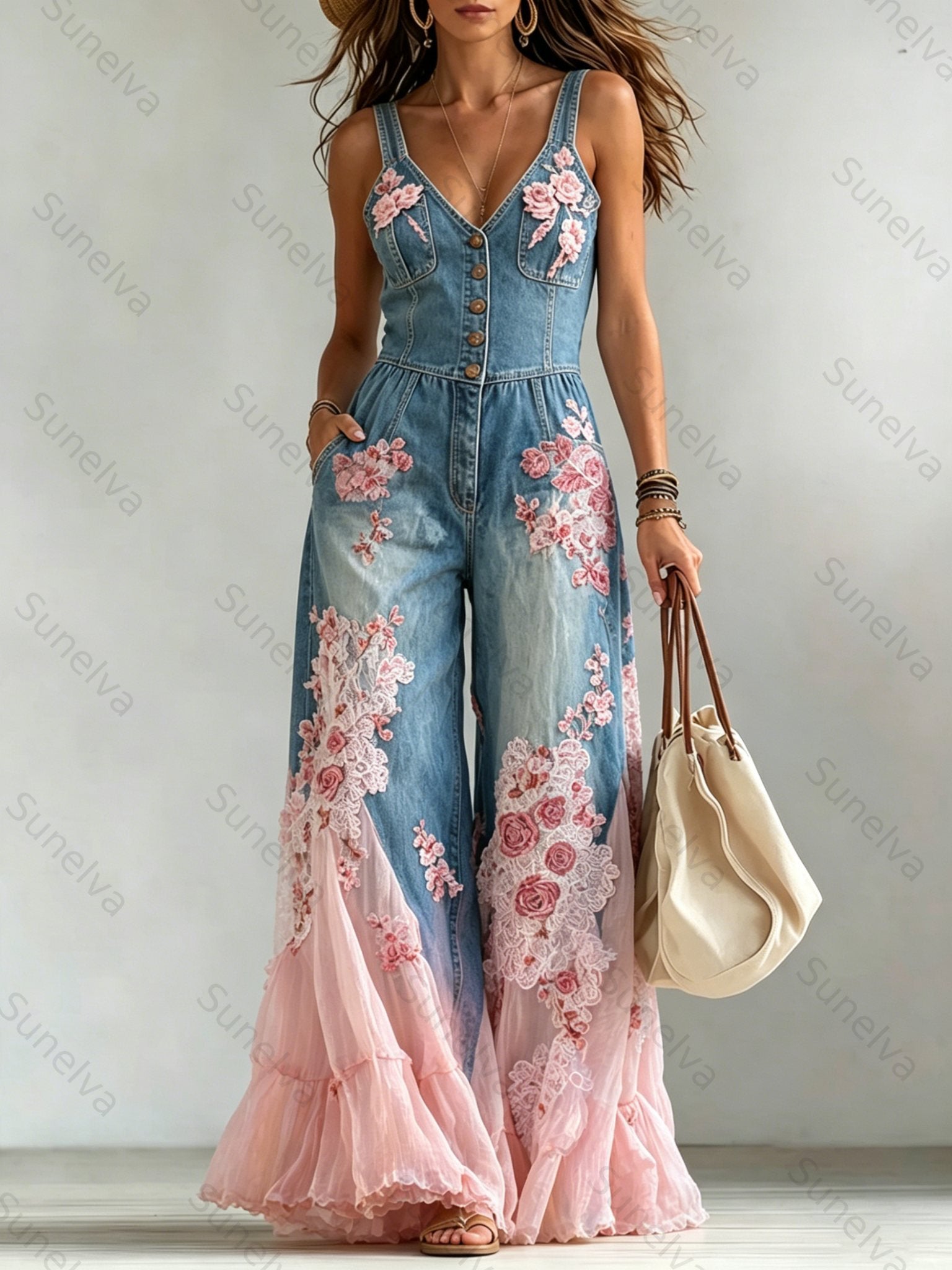 Women's Washed Denim Loose-Fit Sleeveless Jumpsuit with Straps  2475