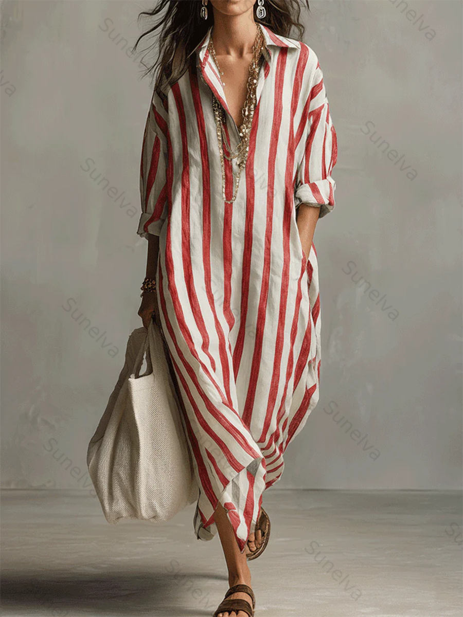 Casual And Cozy Striped Linen-cotton Dress 587b