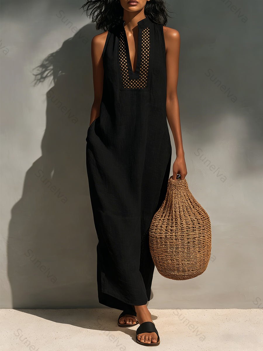 Women's Minimalist Sleeveless Maxi Dress With Cutout Neckline 7775
