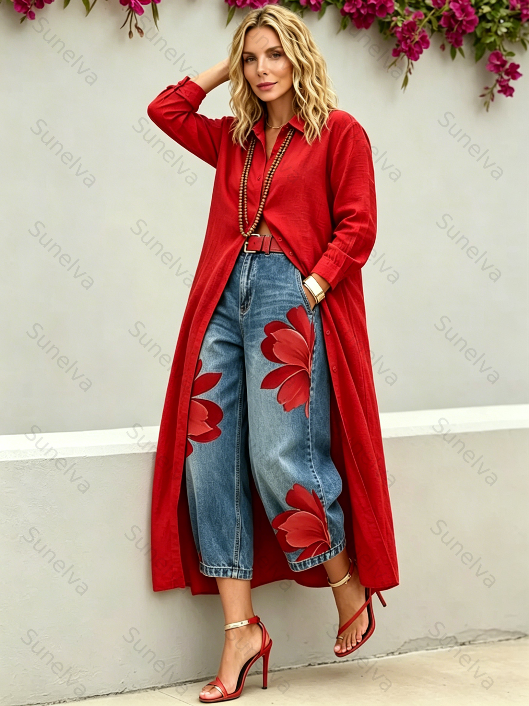 Women's Casual Cotton-Linen Shirt + Jeans 9a69