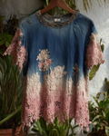 Women's Tie-dye Gradient Lace Patchwork Flowers Embroidery Blouse 1496