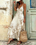 Women's Elegant Asymmetrical Ruffled Linen Floral Dress 1603