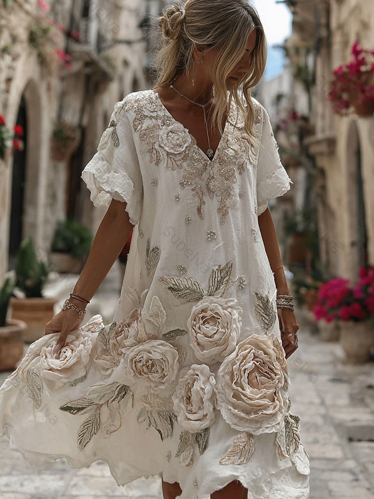 Women's Vintage Roses Art Print Flowy Linen Blend Casual Midi Dress 7c1f