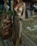 Women's Spring Elegant Star-Moon Embroidered Satin Dress 5269