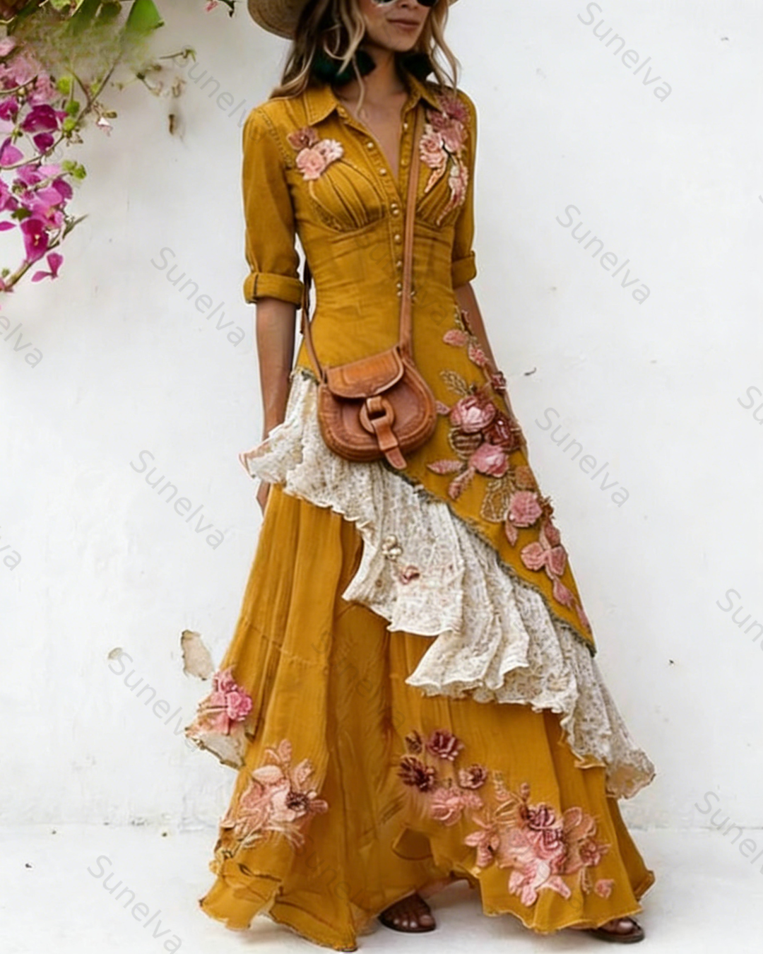 Women's Vacation Irregular Ruffle Flowers Embroidery Dress 7789