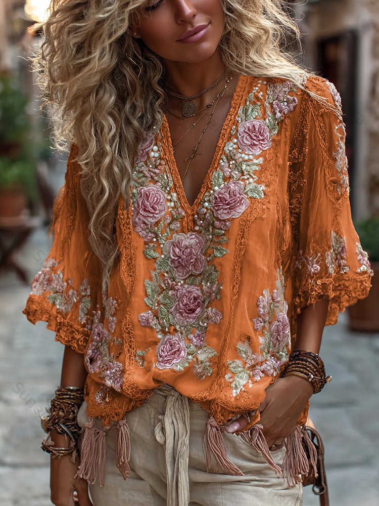 Women's Vintage Rose Embroidery Art Comfy Linen Shirts a266