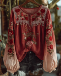 Women's Spring Gradient Flowers Embroidered Lace Patchwork Blouse 5135