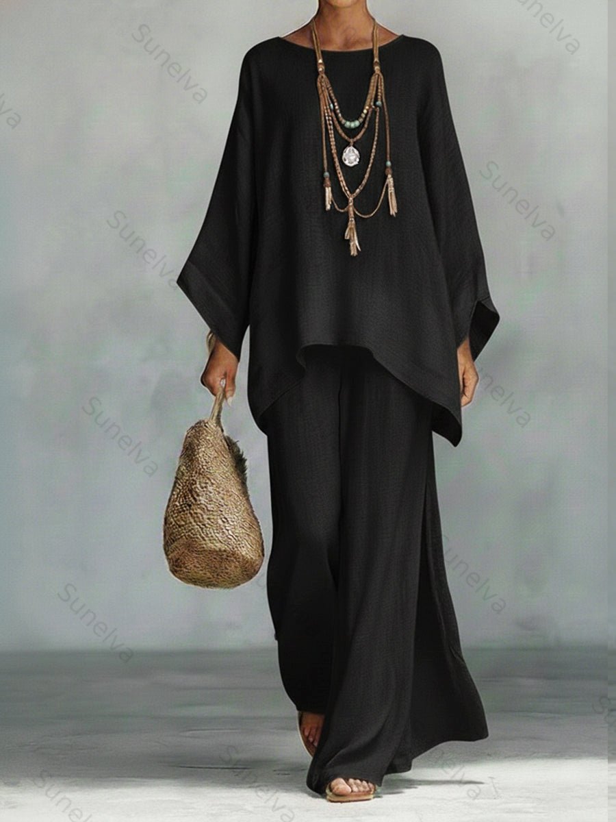 Women's Comfortable, Loose-fitting Linen And Cotton Top And Wide-leg Pants Two-piece Set. cc31