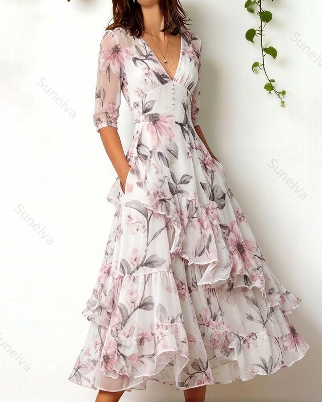 Women's Retro Elegant Floral Print Irregular Ruffle Patchwork Linen Dress 4031