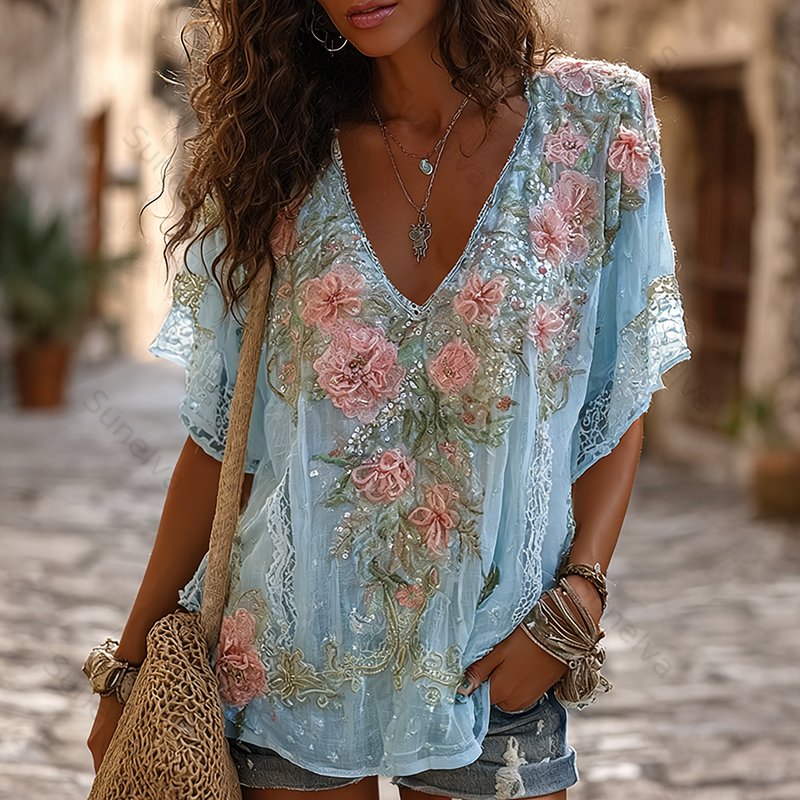 Women's Retro Boho Pink Floral Embroidered Art V-neck Short Sleeve T-shirt 53de