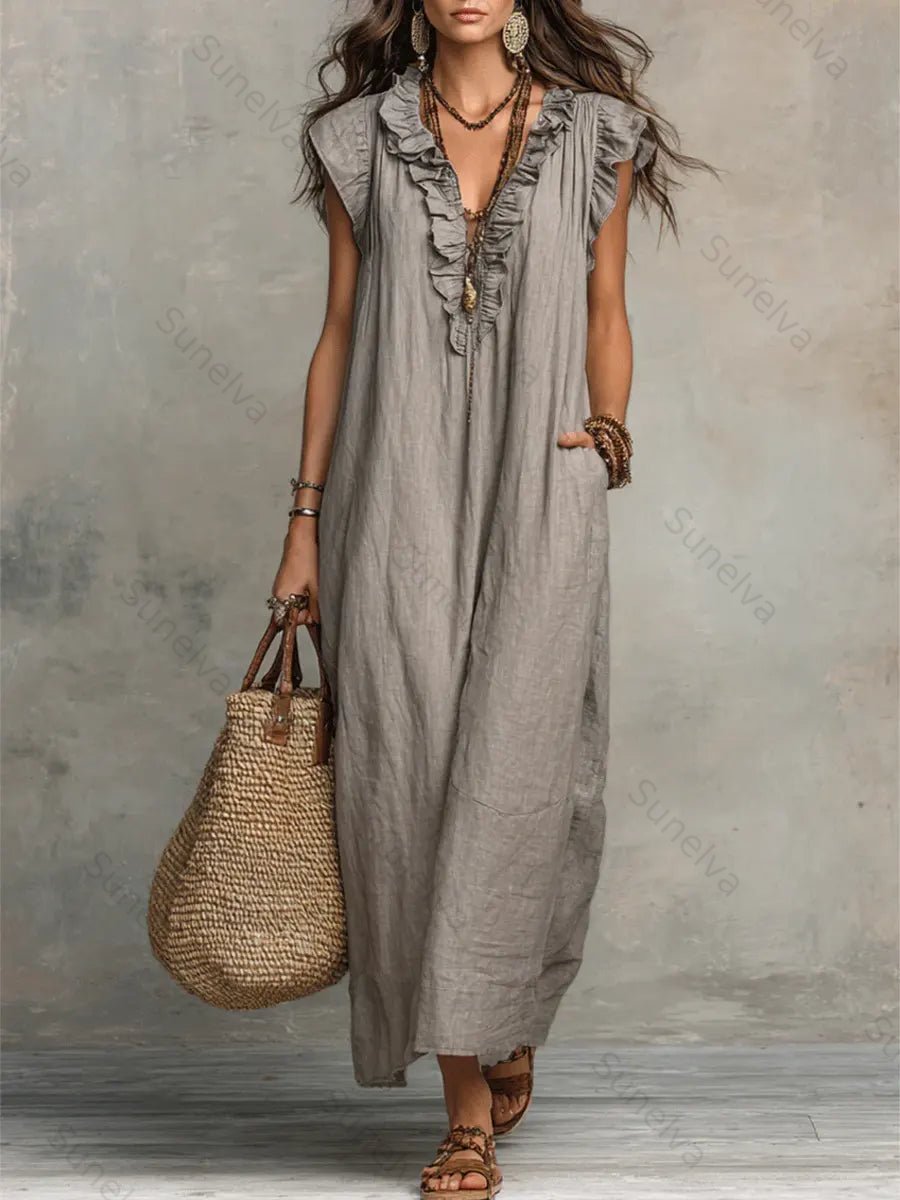 Women's Solid Color Ruffled Art Casual Fashion Cozy Cotton Linen Dress 5e35