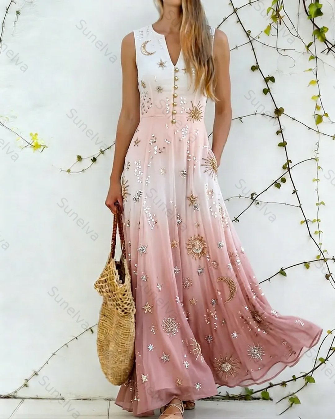 Women's Summer Elegant Star and Moon Embroidered Gradient Sleeveless Dress  4768