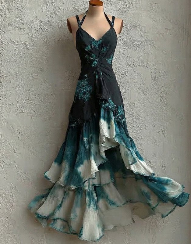 Women's Summer Boho-Chic Asymmetrical Ruffled Tie-Dye Dress 1566