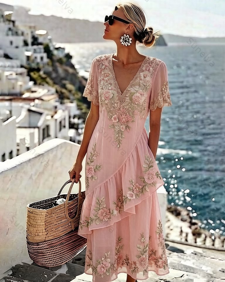 Women's Elegant Asymmetrical Ruffled Linen Floral Dress 2151