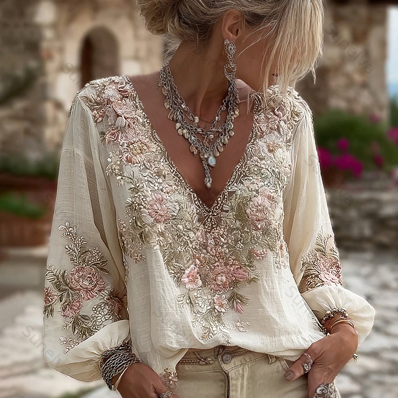 Women's Vintage Pink Floral Embroidered Art Pattern V-neck Long Sleeve Blouse 9989