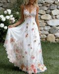 Women's Retro Bohemian Style Floral Embroidery Flowy Linen Maxi Dress  5110