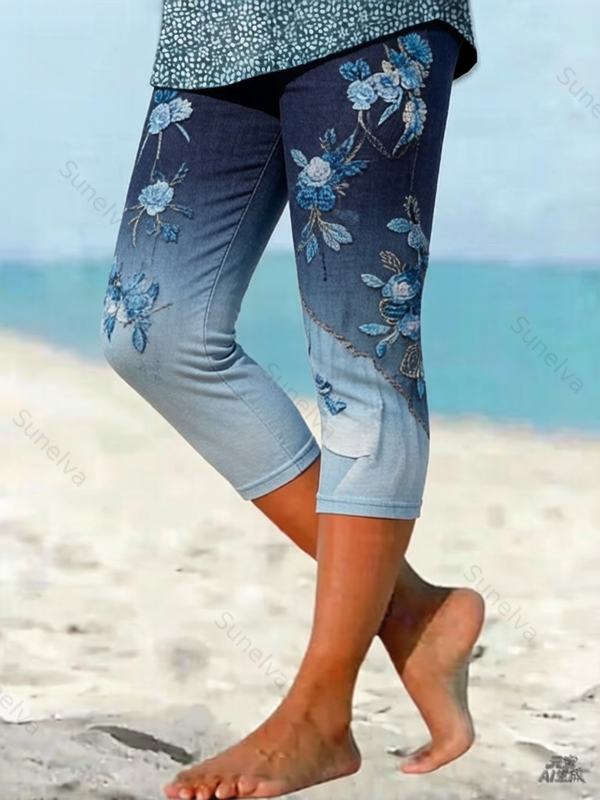 Women's Outdoor Fashion Gradient Color Floral Embroidery Leggings  8541