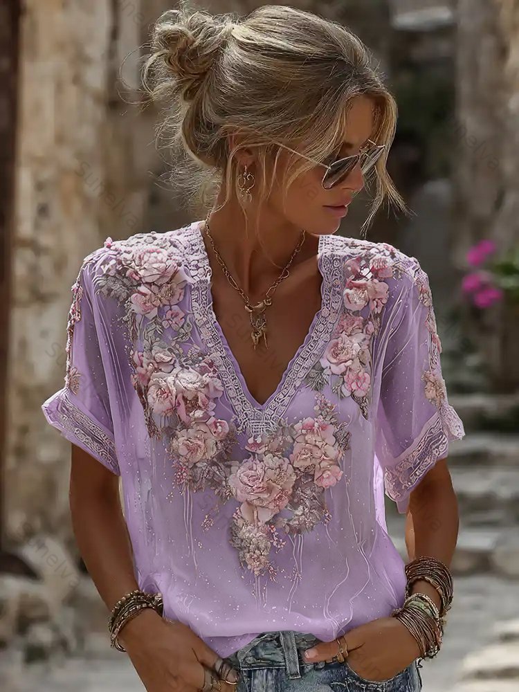Women's Vintage Resort Embroidered Floral V-neck T-shirt 4972