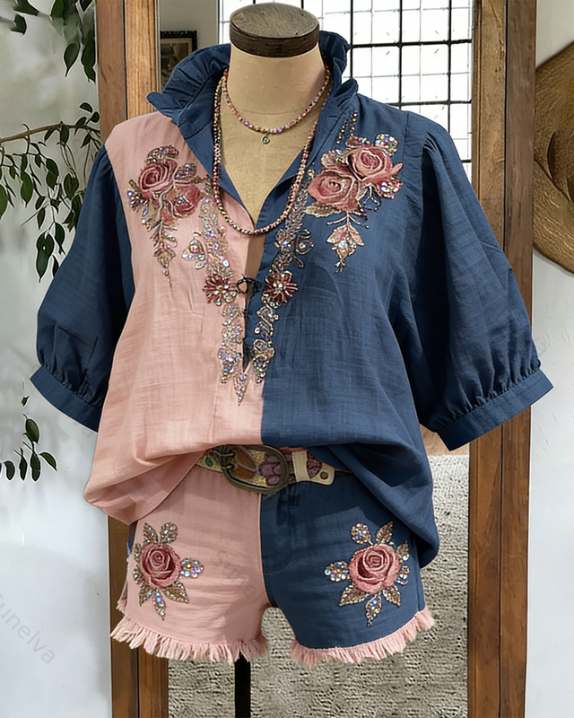 Women's Spring Elegant Floral Embroidery Color-Blocked Linen Short-Sleeve Top 7120