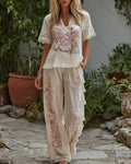 Women's Summer Floral Embroidered Linen Short-Sleeve Top and Long Pants Set 3142