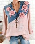 Women's Summer Contrast Color Patchwork Floral V-Neck Blouse  8945