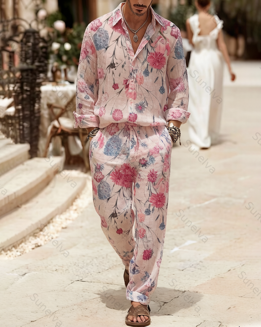 Men's Fashion Color-Blocked Print Long-Sleeve Shirt and Pants Two-Piece Set 7864