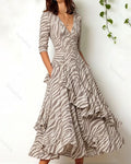 Women's Retro Elegant Wave Print Irregular Ruffle Patchwork Linen Dress 3243
