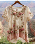 Women's Summer Floral Embroidered Color-Blocked Short-Sleeve Top 8496