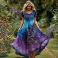 Women's Vintage Floral Embroidery Gradient Pattern Round Neck Dress 5e0e