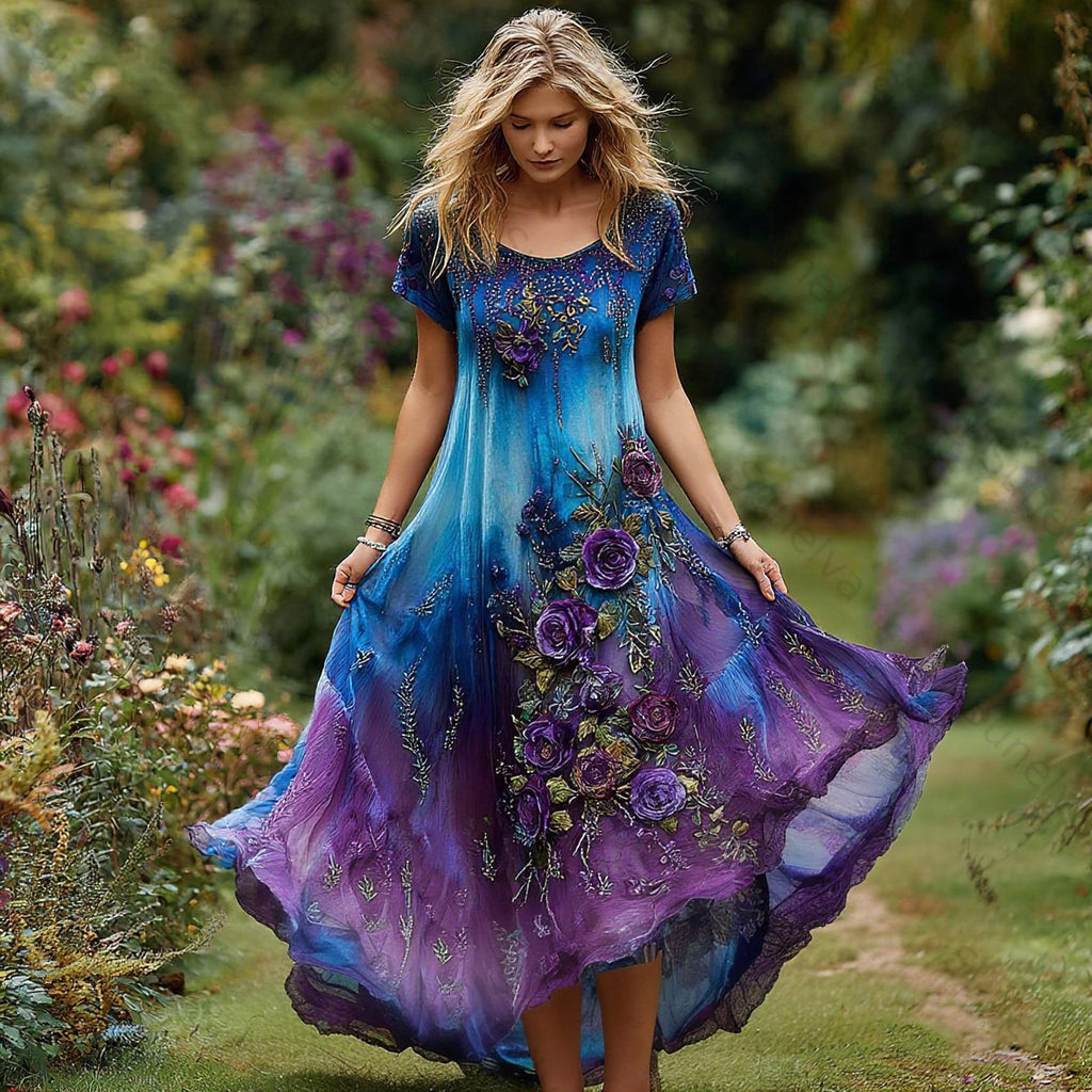 Women's Vintage Floral Embroidery Gradient Pattern Round Neck Dress 5e0e