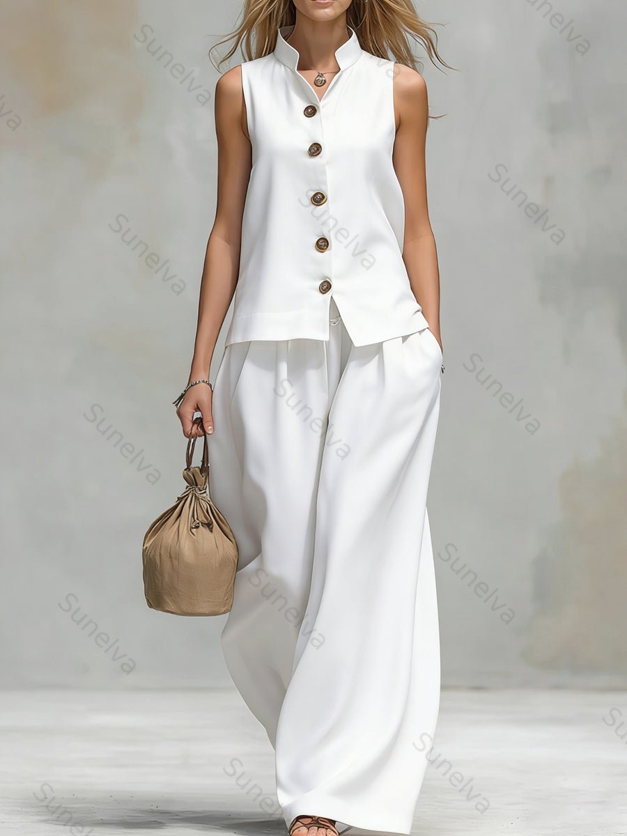 Comfortable And Casual V-neck Sleeveless Button-down Top And Trousers Set 7662