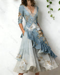 Women's elegant floral embroidered irregular ruffled linen patchwork dress 8835