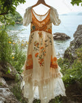Women's Summer Floral Embroidered Patchwork Linen Dress 9393
