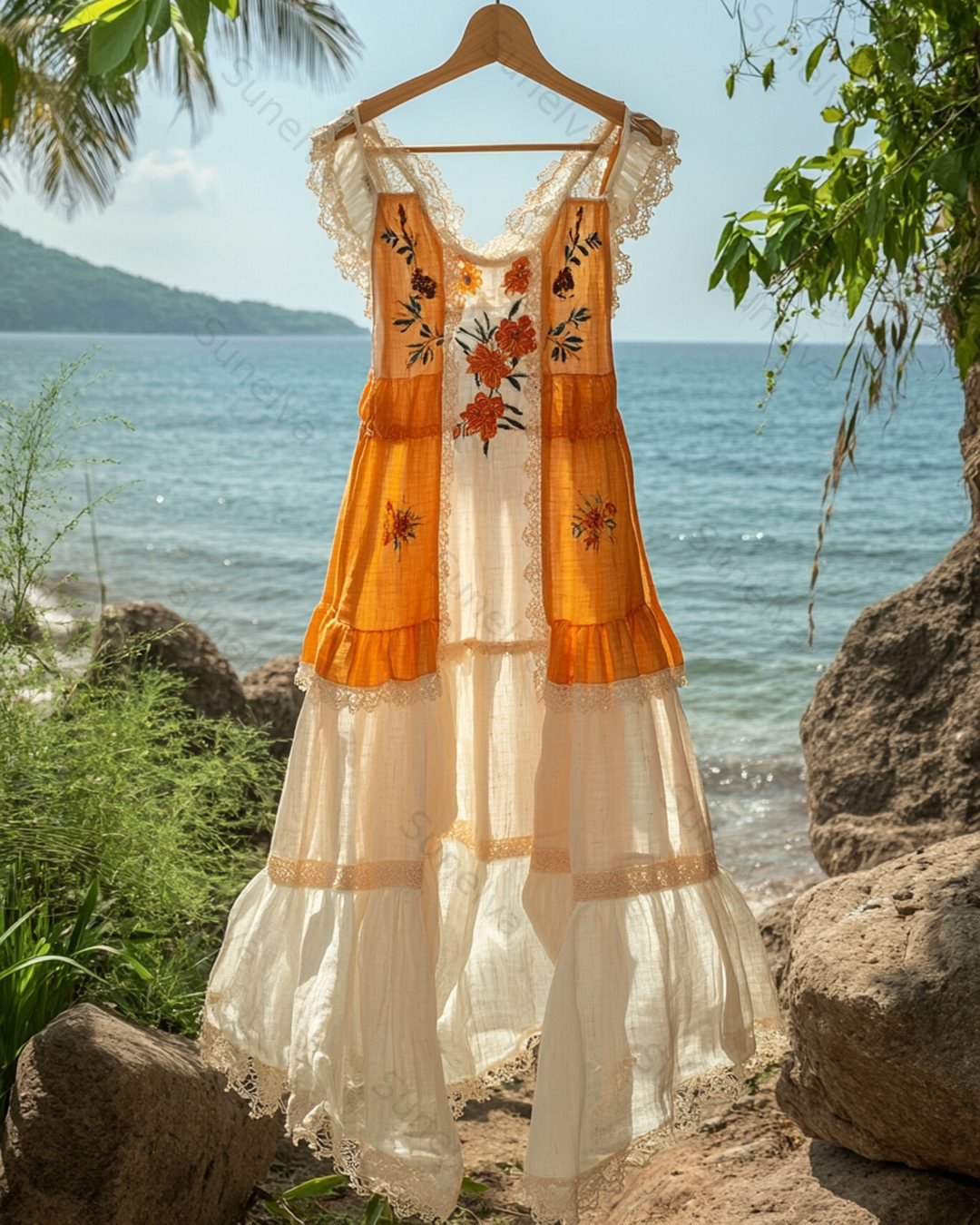 Women's Summer Floral Embroidered Patchwork Linen Dress 3471