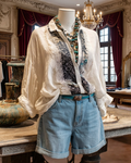 Women's Spring Retro Embroidered Shirt & Shorts Two-Piece Set  5210