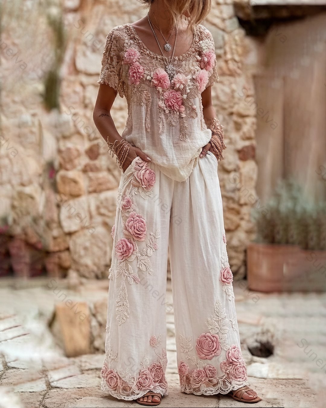Women's Summer Floral Embroidered Linen Short-Sleeve Top and Long Pants Set 2226