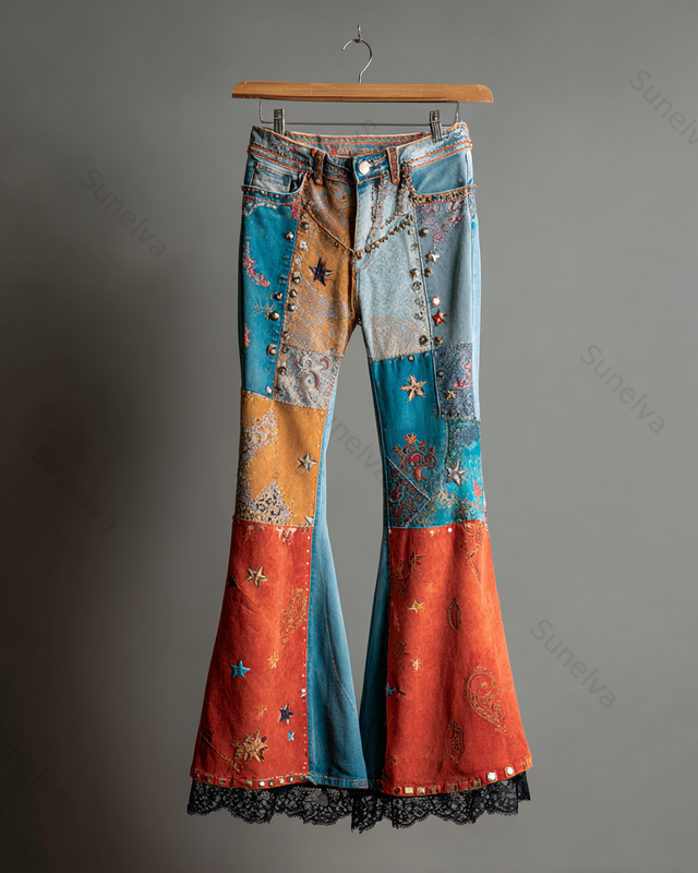 Spring/Summer Color Block Denim Linen Flared Pants7758
