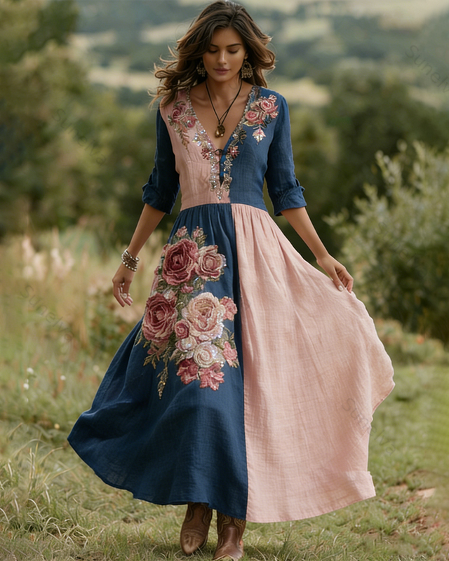 Women's Spring Elegant Floral Embroidery Color-Blocked Linen Dress 7781